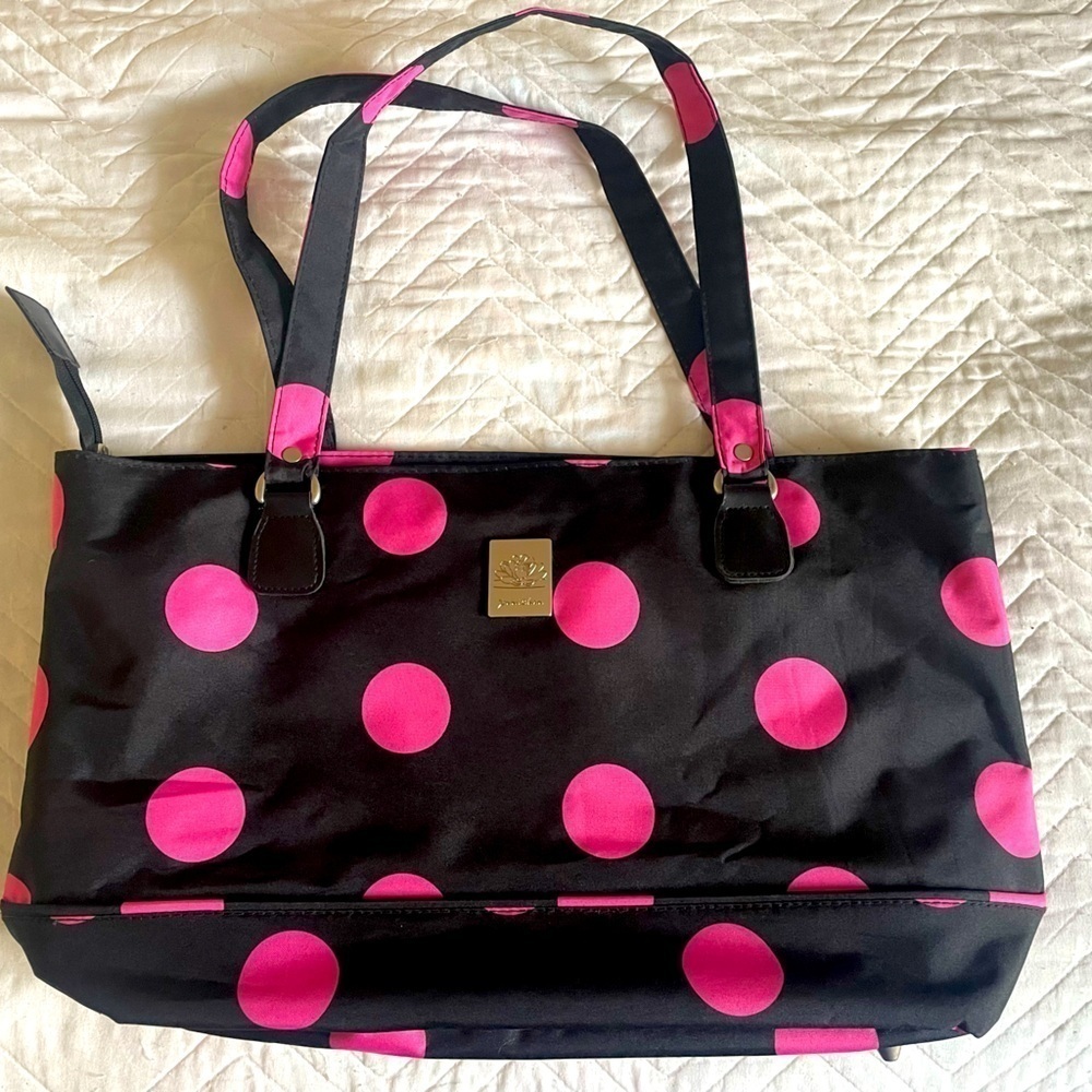 Jenni Chan black and pink polka dot weekender/tote